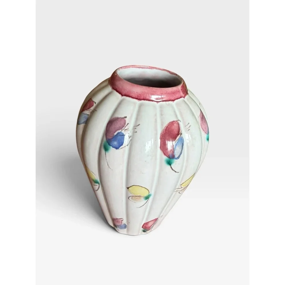 Vintage Arabia Finland ARA Art Pottery Hand Painted Floral Ribbed Vase Finnish